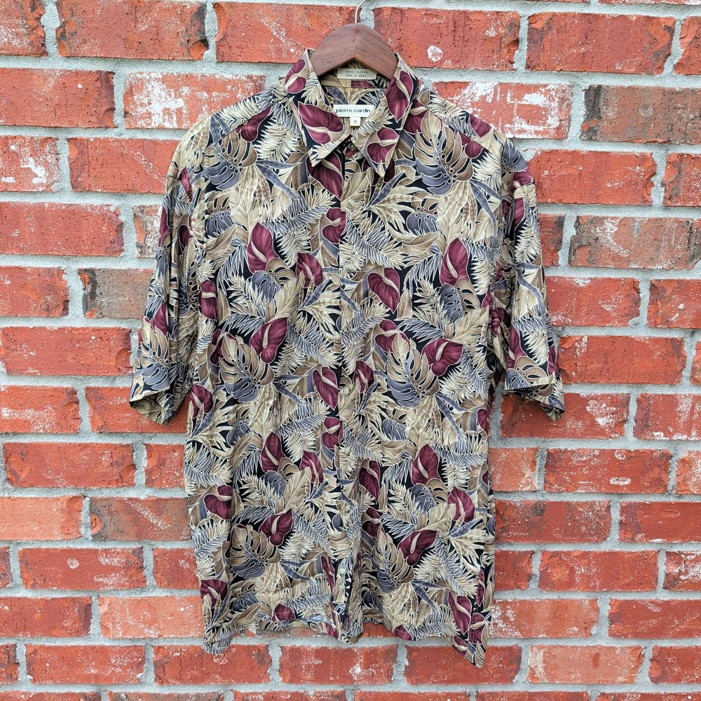 Pierre Cardin Tropical Button Up Shirt Mens Medium Tan Burgundy Rayon Hawaiian‎